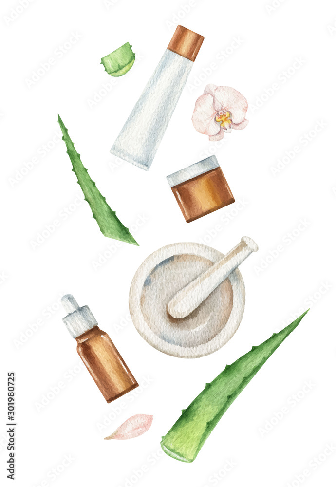 Watercolor vector Spa concept of cosmetic products. - obrazy, fototapety, plakaty 