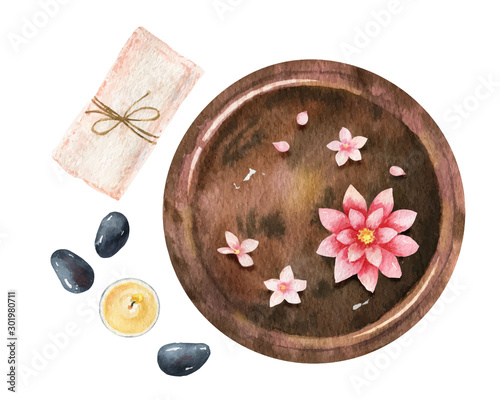 Watercolor vector Spa concept of cosmetic products.