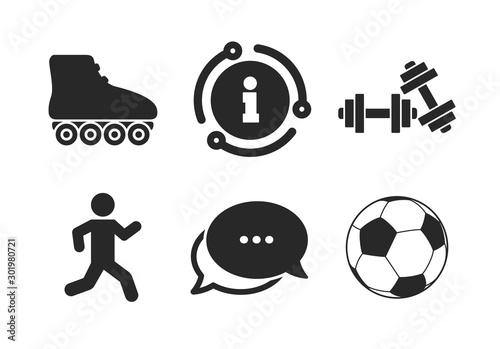 Fitness sport symbols. Chat, info sign. Football ball, Roller skates, Running icons. Gym workout equipment. Classic style speech bubble icon. Vector