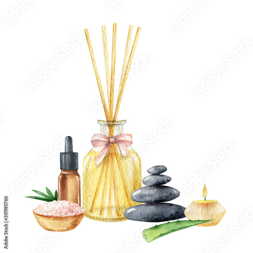 Watercolor vector Spa concept of cosmetic products.