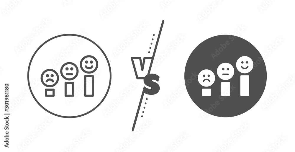 Positive feedback sign. Versus concept. Customer satisfaction line icon. Smile chart symbol. Line vs classic customer satisfaction icon. Vector Positive feedback sign. Versus concept. Customer satisfaction line icon. Smile chart symbol. Line vs classic customer satisfaction icon. Vector