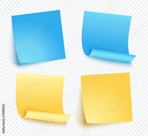 Note sheet of yellow and blue paper set with different shadow. Blank post for message, to do list, memory. Set of four vector sticky notes isolated on transparent.