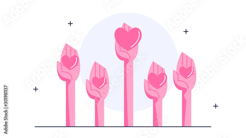 Flat vector illustration of hand holding a heart raised up
