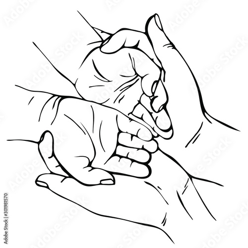 Hand drawn Sketch. Adult hands holding kid hands. kid's handful 