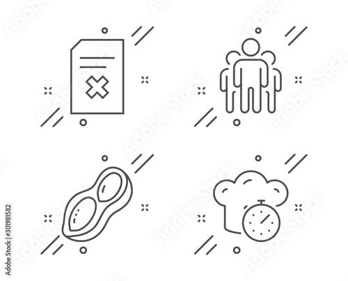 Group, Peanut and Delete file line icons set. Cooking timer sign. Managers, Vegetarian nut, Remove document. Stopwatch. Business set. Line group outline icon. Vector