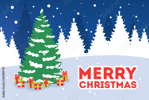 Christmas green tree or fir in winter forest with gift boxes