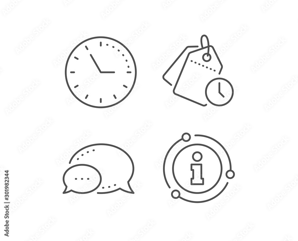 Time management line icon. Chat bubble, info sign elements. Clock tags sign. Watch symbol. Linear time management outline icon. Information bubble. Vector Time management line icon. Chat bubble, info sign elements. Clock tags sign. Watch symbol. Linear time management outline icon. Information bubble. Vector