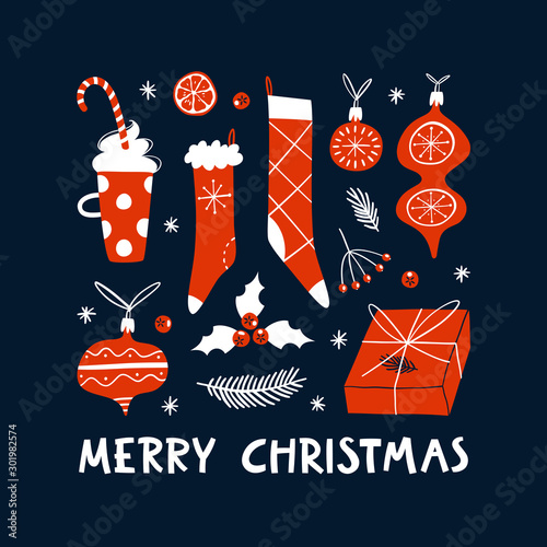 Christmas hand drawn design elements. Traditional holiday symbols. Winter greeting card vector template.
