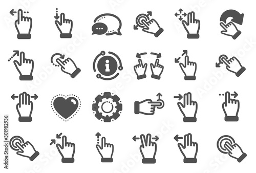 Touchscreen gesture icons. Hand swipe, Slide gesture, Multitasking icons. Touchscreen technology, tap on screen, drag and drop. Smartphone mobile app or user interface. Quality set. Vector