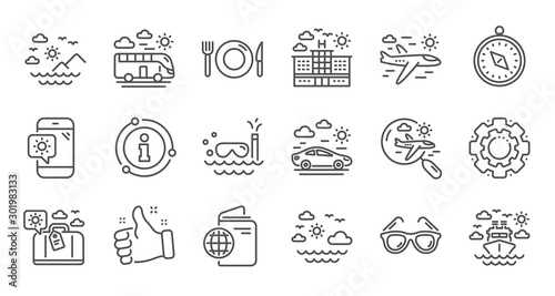 Travel line icons. Passport, Luggage and Check in airport. Sunglasses linear icon set. Quality line set. Vector