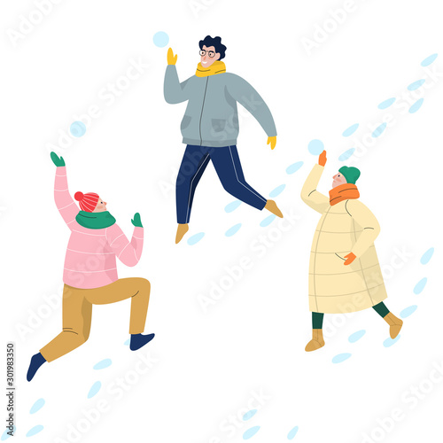 People in winter warm clothes playing snowballs