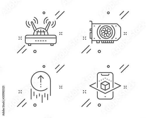 Gpu, Swipe up and Wifi line icons set. Augmented reality sign. Graphic card, Scrolling page, Internet router. Phone simulation. Science set. Line gpu outline icon. Vector