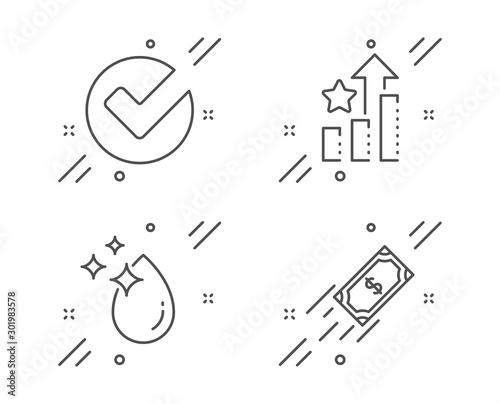 Ranking stars, Verify and Water drop line icons set. Fast payment sign. Winner results, Selected choice, Crystal aqua. Finance transfer. Line ranking stars outline icon. Vector