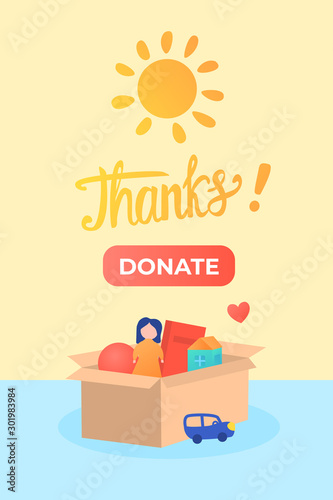 Banner Thanks with donate button. Kids Charity donation box with toys doll and small car. Illustration design for orphans.
