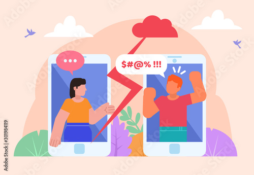Bullying, trolling or harassment in internet. Man and woman stick out from phone and argue. Poster for social media, web page, banner, presentation. Flat design vector illustration