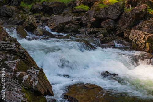 Waterfall Stalheimsfossen near Stalheim, Norway. July 2019