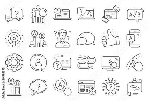 UX line icons. Set of AB testing, Journey path map and Question mark icons. Usability quiz test, Ux Ui and User flow. Project process, ab testing graph, survey test results. Quiz question. Vector