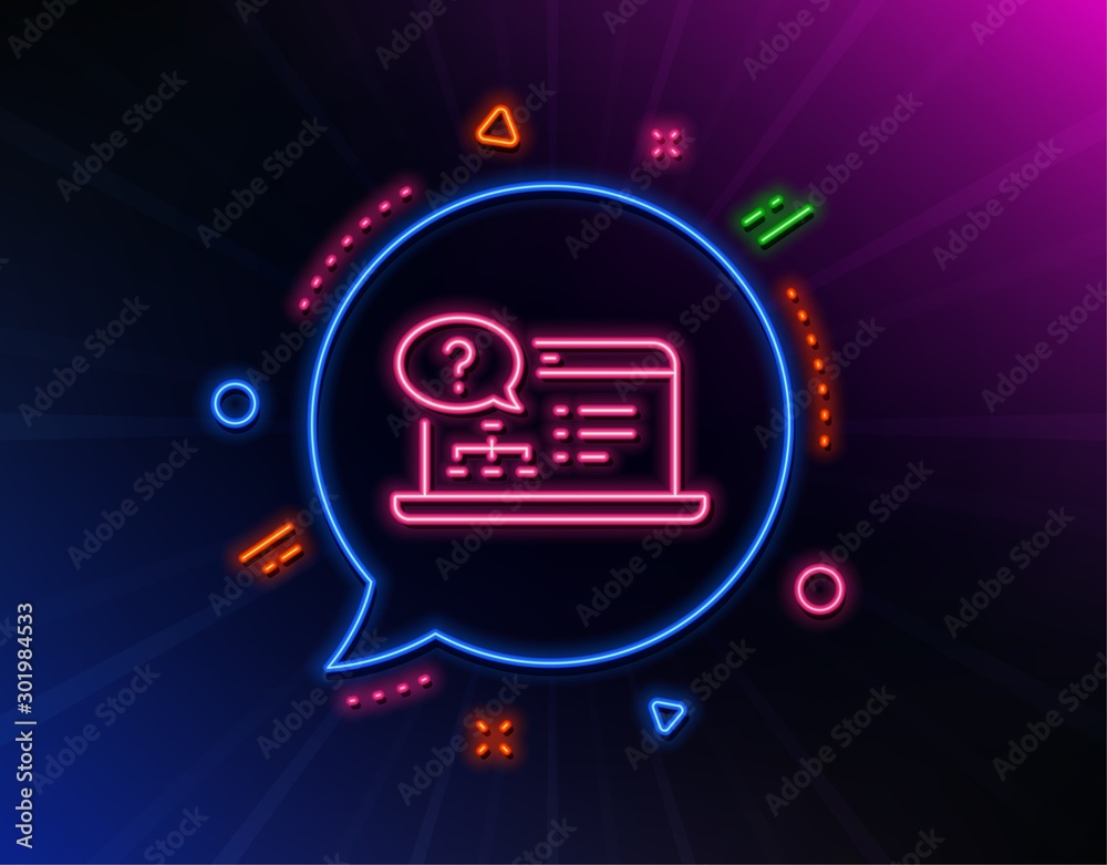Question mark line icon. Neon laser lights. Online quiz test sign. Glow laser speech bubble. Neon lights chat bubble. Banner badge with online help icon. Vector Question mark line icon. Neon laser lights. Online quiz test sign. Glow laser speech bubble. Neon lights chat bubble. Banner badge with online help icon. Vector