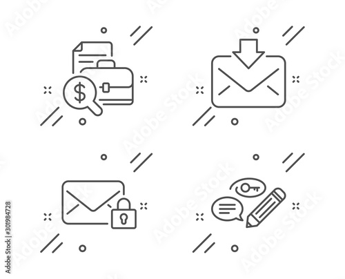Secure mail, Incoming mail and Accounting report line icons set. Keywords sign. Private e-mail, Download message, Financial case. Pencil with key. Education set. Line secure mail outline icon. Vector