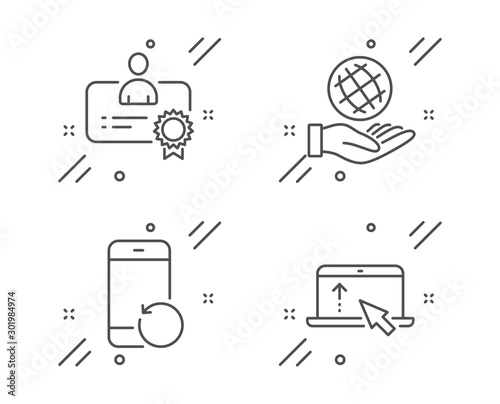 Recovery phone, Safe planet and Certificate line icons set. Swipe up sign. Backup smartphone, Ecology, Best employee. Scroll screen. Science set. Line recovery phone outline icon. Vector