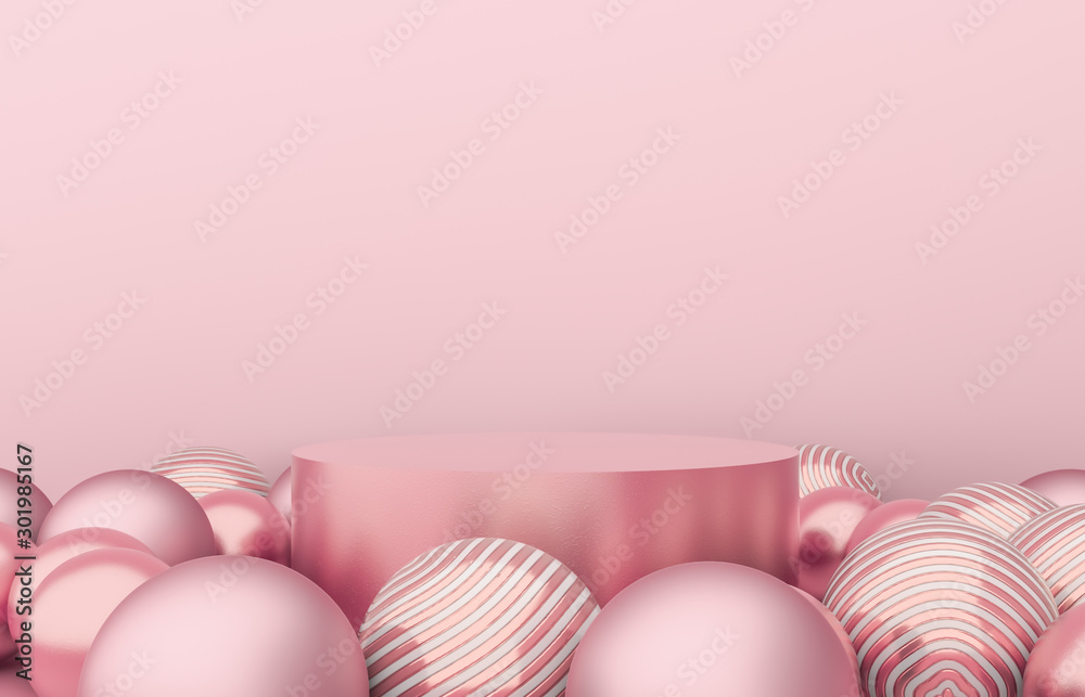 Empty cylinder box with Christmas balls background. Luxury cosmetic product display scene. 3d render.