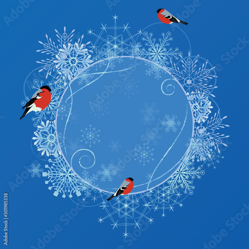 vector round  frame with bullfinches and snowflakes in blue and white colors (EPS 10)
