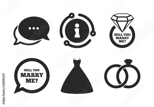 Bride and groom rings symbol. Chat, info sign. Wedding dress icon. Wedding or engagement day ring with diamond sign. Will you marry me speech bubble. Classic style speech bubble icon. Vector