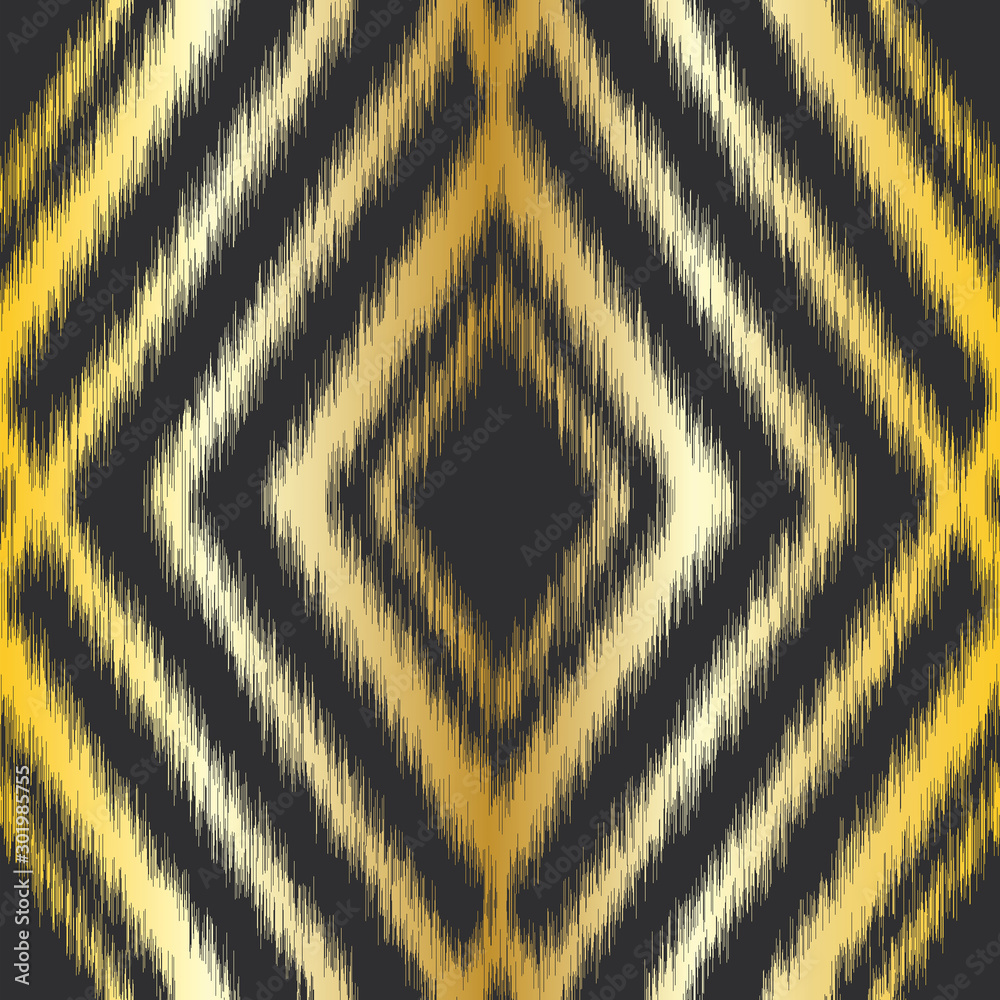 Gold diamond ikat seamless repeat vector pattern swatch on black background. Golden gradient. Tribal blurry fuzzy design.
