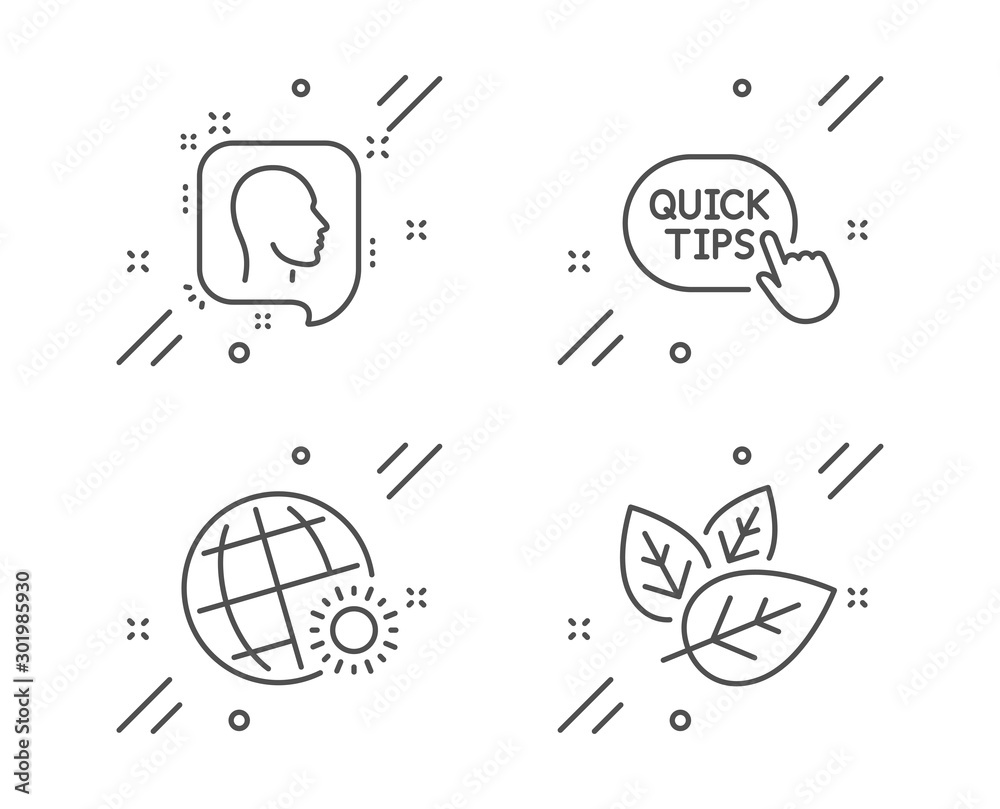 Head, Quick tips and World weather line icons set. Organic tested sign. Profile messages, Helpful tricks, Sunny. Bio ingredients. Science set. Line head outline icon. Vector