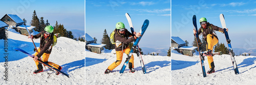 Clumsy funny skier holding his skis in different, wrong positions - composition. Location: Poiana Brasov ski resort, Romania. photo