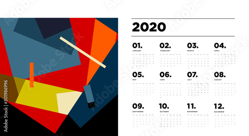 2020 new year calendar design template with colorful abstract geometric and liquid background