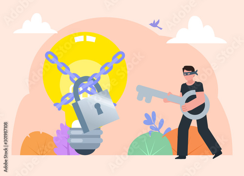 Steal idea, intellectual property violation concept. Thief in black holds big key to idea light bulb. Poster for social media, web page, banner, presentation. Flat design vector illustration