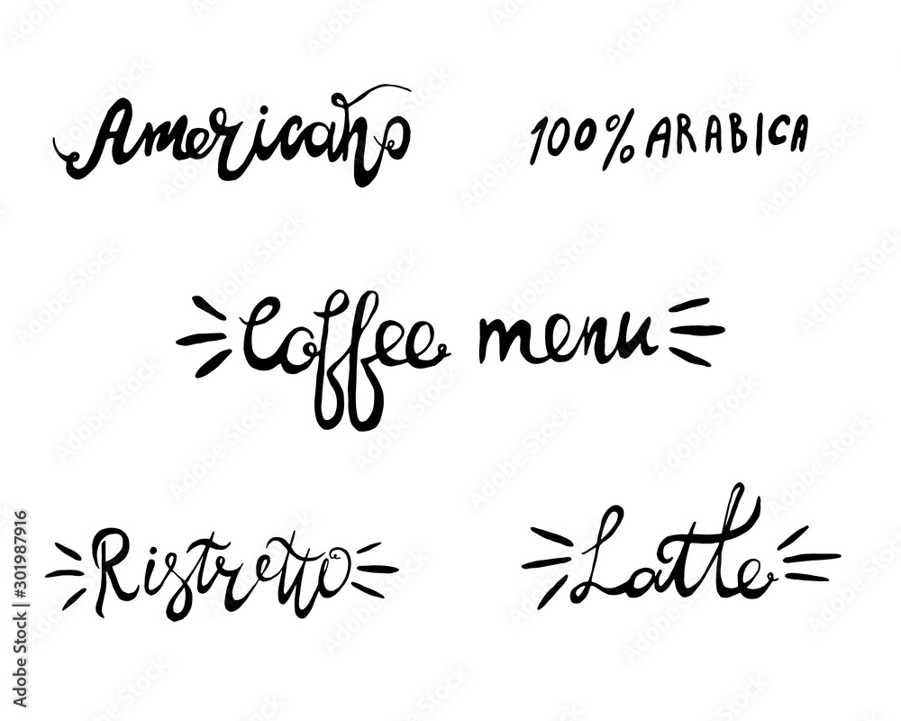 Hand lettering illustration about coffee. Vector Coffee time words and cups to go coffee calligraphy