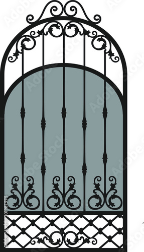Forged fence. Gothic door, vector design. Decorative garden gate. Metal pattern or iron wicket for garden, castel. Rich ornament. Scroll-work