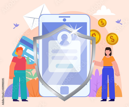 Online protection of private data on phone. Big shield covers phone login window. Poster for social media, web page, banner, presentation. Flat design vector illustration