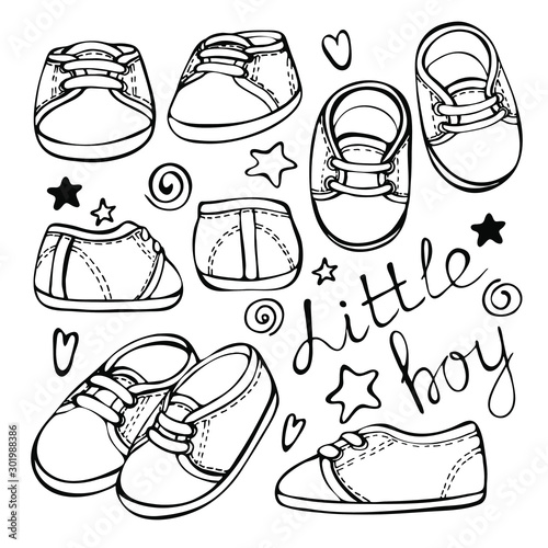 Baby fashion shoes. Sketch hand drawn set of pair of kids shoes isolated on white background.