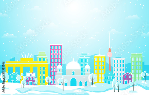 Winter Snow in Berlin City Cityscape Skyline Landmark Building Illustration