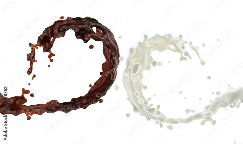 Fresh milk or cream, liquid melted chocolate or chocolate sauce 3D swirls splashes twisted, isolated. Liquid milk chocolate and fresh milk or cream splash advertising concept, label design elements Fresh milk or cream, liquid melted chocolate or chocolate sauce 3D swirls splashes twisted, isolated. Liquid milk chocolate and fresh milk or cream splash advertising concept, label design elements