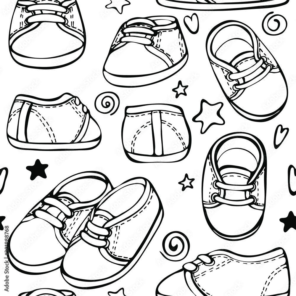 Seamless pattern. Baby fashion shoes background. Sketch hand drawn set of  pair of kids shoes isolated on white background. Stock Vector | Adobe Stock