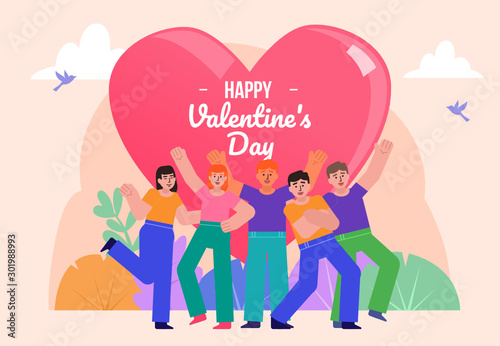 Valentine s Day greeting card. Group of cheerful people posing near big heart. Poster for social media  web page  banner  presentation. Flat design vector illustration