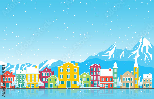 Winter Snow in Austria City Cityscape Skyline Landmark Building Illustration