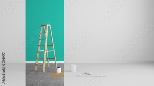abstract colorful strip in renovated living room with ladder and paint buckets - 3D rendering