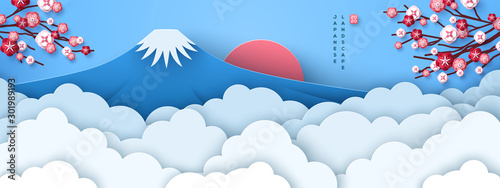 Mount Fuji at dawn. Japanese greeting card or banner with sakura tree branches and paper cut clouds or fog. Happy New Year 2020. Vector illustration.