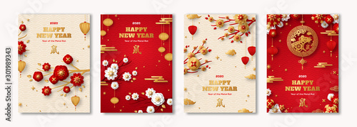 Posters Set for 2020 Chinese New Year. Hieroglyph translation - Rat. Vector illustration. Asian Clouds, Lanterns, Gold Pendant and Red Paper cut Flowers on Sakura Branches. Place for your Text.