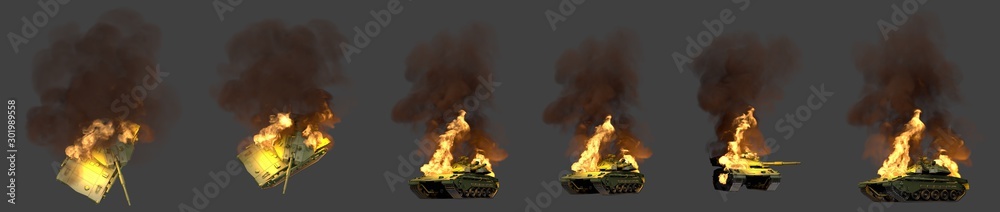 heavy tank with not existing design on fire knocked down in combat isolated on dark grey background, military 3D Illustration for honor to heroes concept