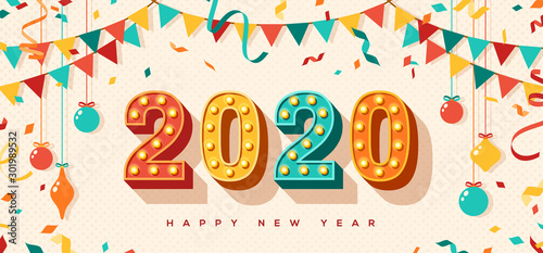 Happy New Year 2020 card or banner with typography design. Vector illustration with retro light bulbs font, streamers, confetti and hanging baubles.