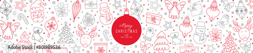 Christmas elements pattern with Santa Claus and friends and greetings. Hand drawn doddle and sketch vector illustration.