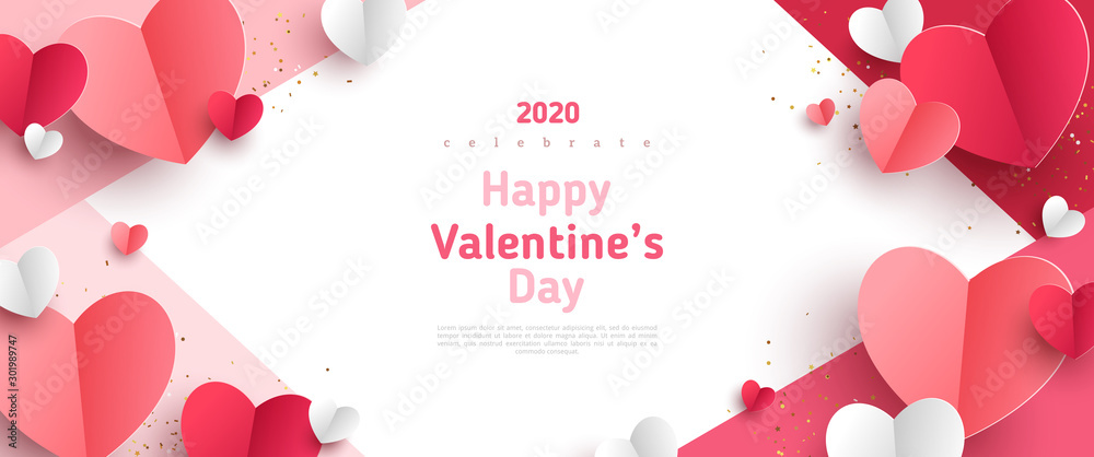 Valentine's day concept frame. Vector illustration. 3d red and pink paper hearts on geometric background. Cute love sale banner or greeting card - obrazy, fototapety, plakaty 