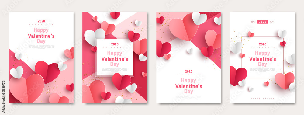 Zestaw plakatów koncepcyjnych Walentynki. Ilustracji wektorowych. 3d czerwoni i różowi papierowi serca z ramą na geometrycznym tle. Słodkie banery sprzedaż miłości lub kartki z życzeniami <span>plik: #301989770 | autor: kotoffei</span>