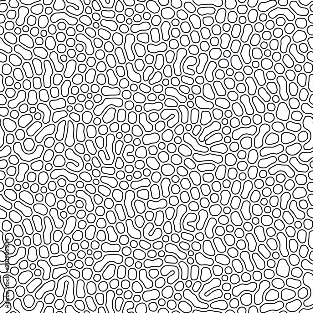 Organic seamless pattern with rounded shapes. Diffusion reaction background. Irregular stone effect design. Abstract vector illustration in black and white. - obrazy, fototapety, plakaty 